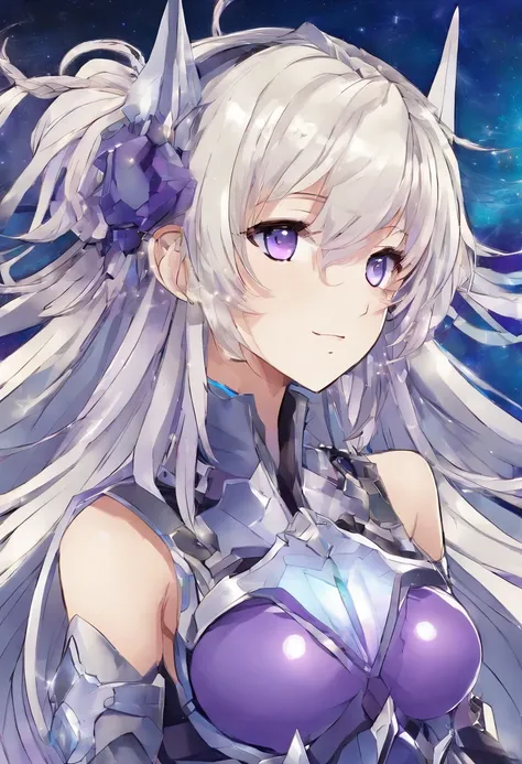 anime big breast，femele，Long blond hair with slightly curly hair，Single ponytail，Purple eye，Dark blue crystal drop earrings，Light gray paladin armor，starryskybackground