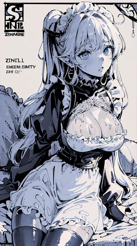 ((((((maid apron, puffy long sleeves, frilld, bangs,  on the bed))))))((((The whole body is covered with oil，Oily shiny，oily，Oily and slippery,with her mouth open,The tongue comes out of the mouth,Blush:1.2,Loose cuffs,))))(((((((Monochrome world, Use only...