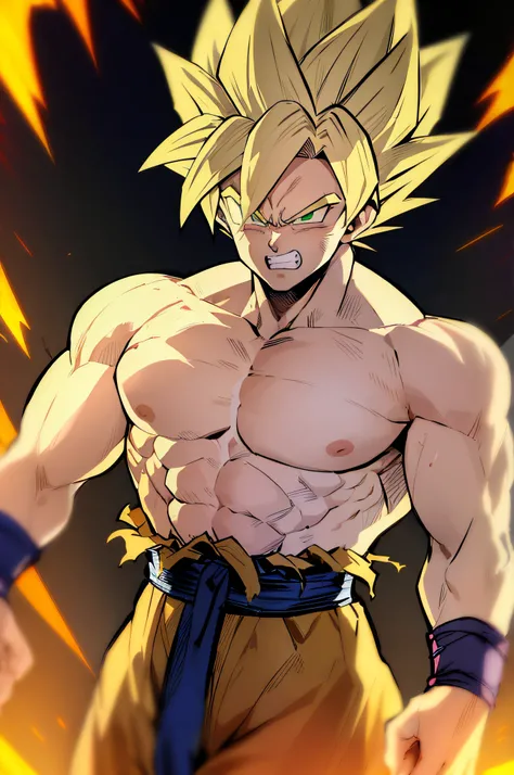 son goku, 1boy, angry, battle damage, blonde hair, blue sash, clenched teeth, furious, green eyes, male focus, muscular, muscular male, pectorals, sash, solo, spiked hair, super saiyan, super saiyan 1, teeth, topless male, torn clothes, wristband, ((master...