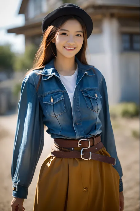 Post towns in the west,Sheriff in cowboy fashion,Gunslinger Costume,Leather jacket with front opening,Wrap a gun belt around your waist,holster,Cowboy Hat,Generate images of beautiful women around the world,Especially while reflecting elements of Western b...