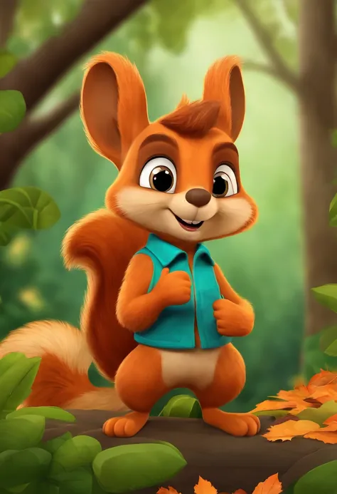 Cartoon Squirrel, Holding a nut , Gives a thumbs up, In the background is a dense forest, 1080x607, with талисман, Illustrations of the mascot, cute cartoon character, High School Mascot, Wear clothes