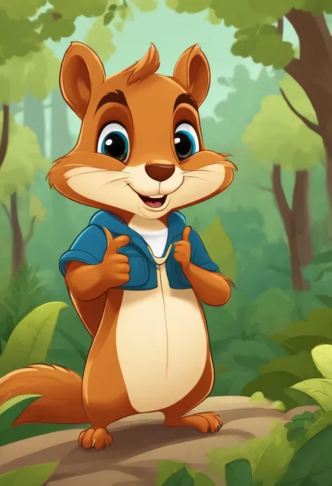 Cartoon Squirrel, Holding a nut , Gives a thumbs up, In the background is a dense forest, 1080x607, with талисман, Illustrations of the mascot, cute cartoon character, High School Mascot, Wear clothes