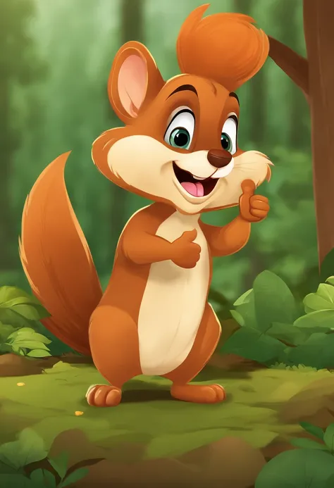 Cartoon Squirrel, Holding a nut , Gives a thumbs up, In the background is a dense forest, 1080x607, with талисман, Illustrations of the mascot, cute cartoon character, High School Mascot, Wear clothes