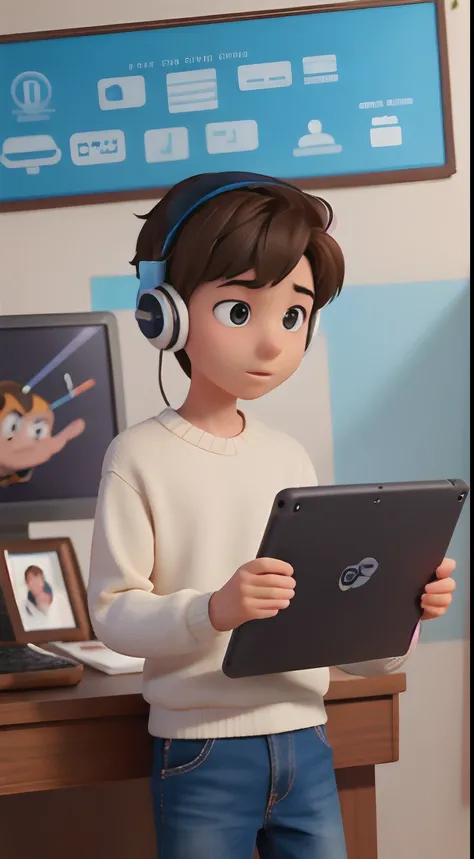 Disney poster that tells the story of a teenage boy who was a successful smartphone designer at a young age, using a headset and wearing a sweater, in front of a tablet while working on an editing project in his studio.masterpiece, best quality