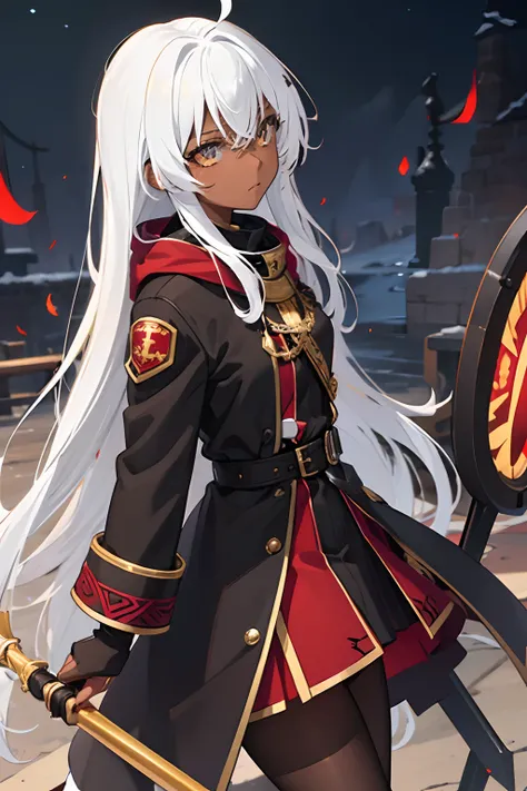 1 Girl, Dark Skinned, Golden eyes, Opaque yellow Hair, Black overcoat with (((Red))) accents, Nomad, Chief Guard of academy,