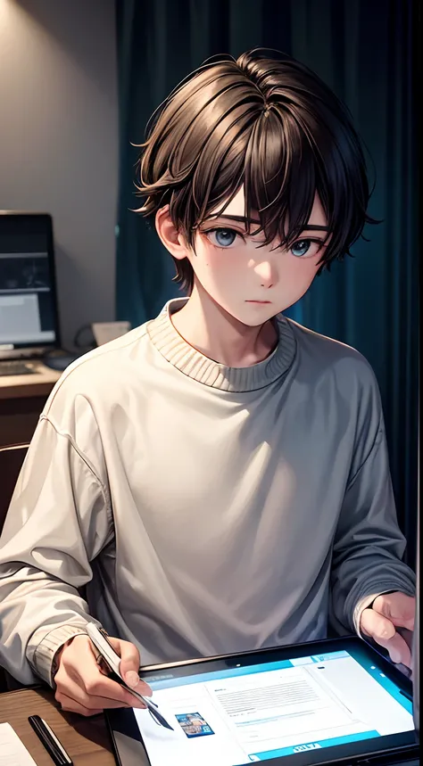 a teenage boy who was a successful smartphone designer at a young age is using a headset and wearing a sweater, in front of a tablet while working on an editing project in his studio.masterpiece,best quality .