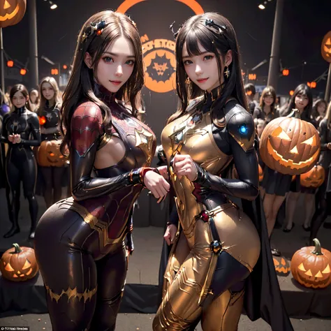 masterpiece, top-quality, top-quality, Beautifully Aesthetic:1.2, girl, Halloween night, 
((Left girl is Wearing a high-quality Spider-Man suit:1.2)), high detailed, 
((Middle girl is Wearing a high-quality Iron man suit:1.2)), high detailed, 
((Right girl...