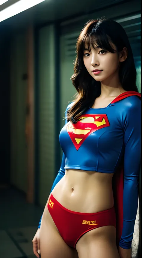 1girl, japanese beautiful woman,Supergirl Suit, Superman Logo, A dark-haired,  Slim body,full-shot, Standing Pose, frombelow, looking at the viewers, natta, 城市, Sateen, cyberpunk vibe, Dark Scene, dark ambiance, Bright neon, foggy, cloudiness, lightning, 细...