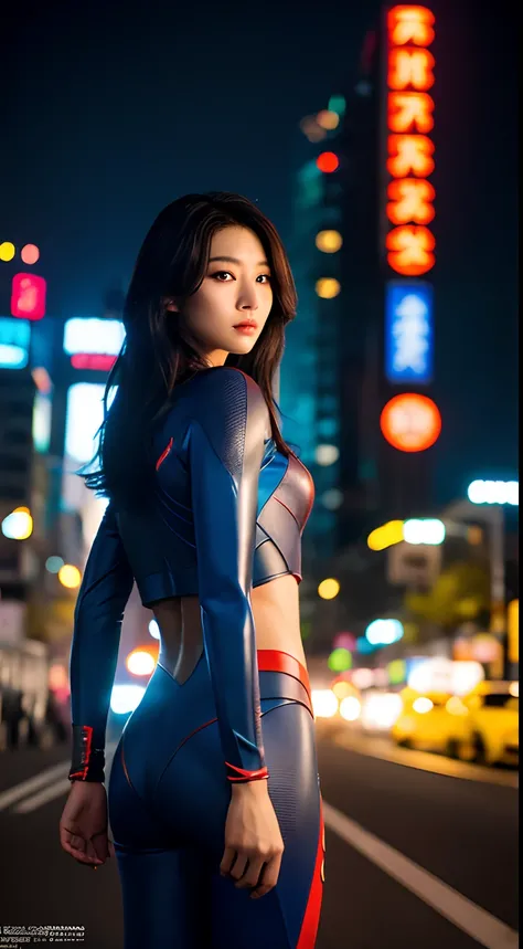 1girl, japanese beautiful woman,Supergirl Suit, Superman Logo, A dark-haired,  Slim body,full-shot, Standing Pose, frombelow, looking at the viewers, natta, 城市, Sateen, cyberpunk vibe, Dark Scene, dark ambiance, Bright neon, foggy, cloudiness, lightning, 细...