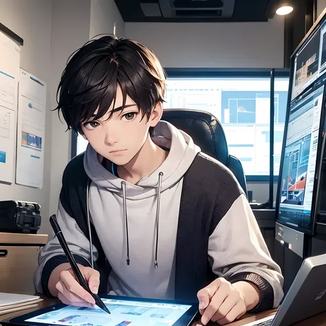 a teenage boy who was a successful smartphone designer at a young age is using a headset and wearing a sweater, in front of a tablet while working on an editing project in his studio.masterpiece,best quality