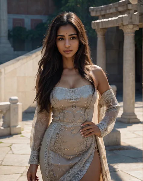 beauty standing in front of the temple, 1 girl, a 27-year-old indian woman, absolute beauty, long hair, wearing a fashion dress,...