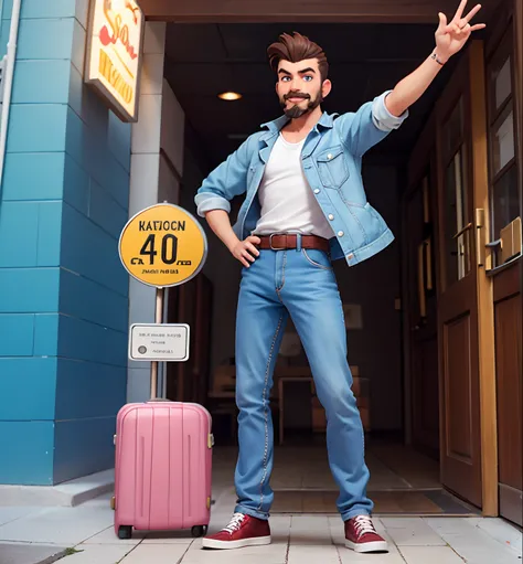 A male tourist in earlys 40s with short beard and mustache and light blue eyes, cool and modern clothes, semi rockstar clothes, animated, cartoon style, happy mood, cool pose standing in full body