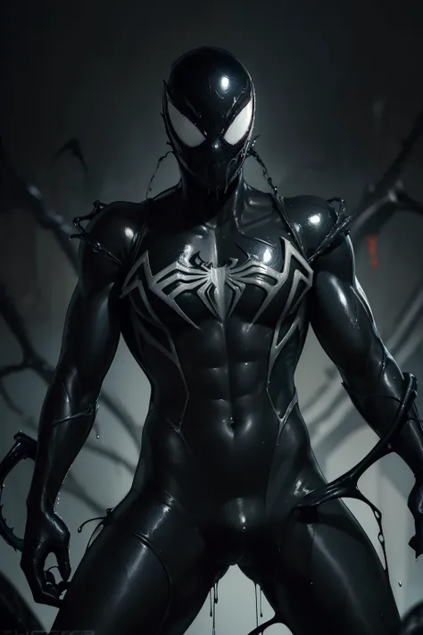 (GS-MASCULINE:1), (((1man, 1 venom))), (((spider-man chest logo, slimey black liquid wet suit))) masterpiece, realistic, high detail, (slim) muscular, black tendrils tentacles, claws, unbridled strength and power unable to be contained, glowing skin, freck...