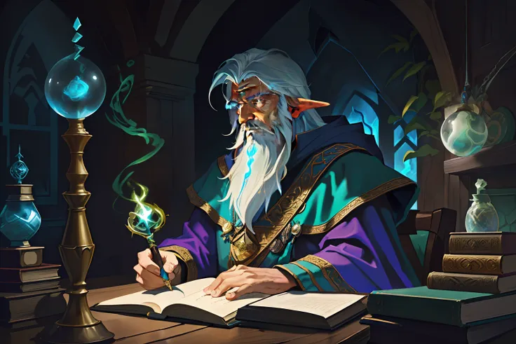 There was a man sitting at a table writing a book, an arcane wizard casting a spell, portrait of a mage, portrait of a forest mage, wizard sits reading at a desk, rpg book portrait, portrait of a young elf wizard, portrait of merlin, mohrbacher, hearthston...