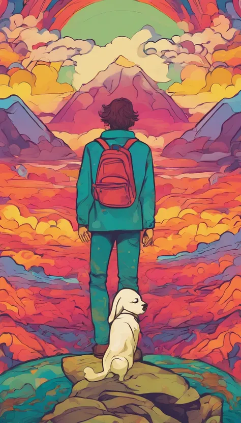 a young man stands on the edge of a cliff. Hes gazing upwards toward the sky, unaware hes about to skip off a precipice into the unknown. Over his shoulder rests a modest knapsack. A white rose in his left hand. At his feet is a small white dog. The mounta...