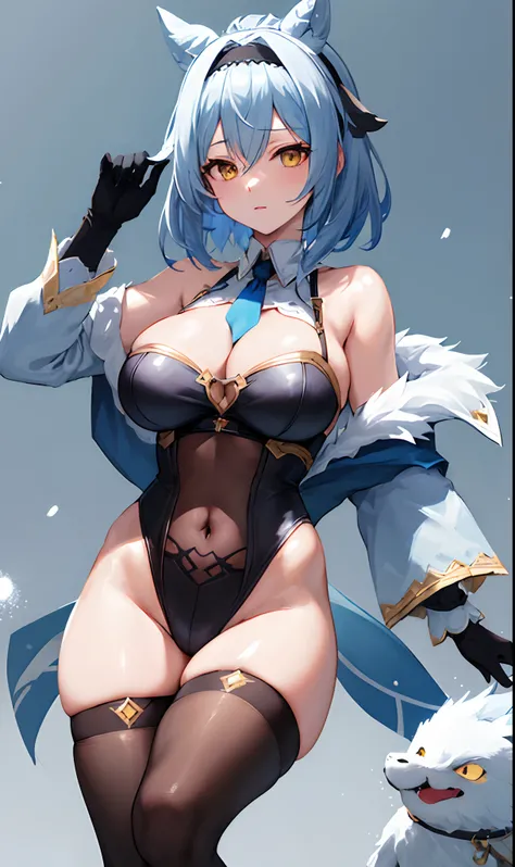 ((masterpiece, best quality)), (1girl),((mature female)), lightblue hair,thighhighs, hairband, thighs, long sleeves, gloves,  bangs, dark golden yellow eyes, medium hair, leotard, hair ornament, black hairband, shoulder cutout, black thighhighs, blue neckt...