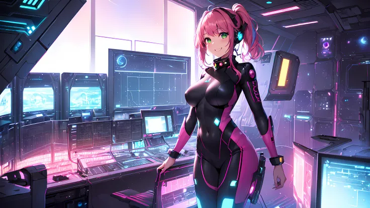 ​masterpiece:1.3, 1girl ((20year old, dressed in tight purple and pink futuristic space body suit exposes navel, boots, medium breasts, multicolor pink hair, twin ponytails, perfect model body, green eyes:1.4, Wearing headphones, flirting, happy, big smile...