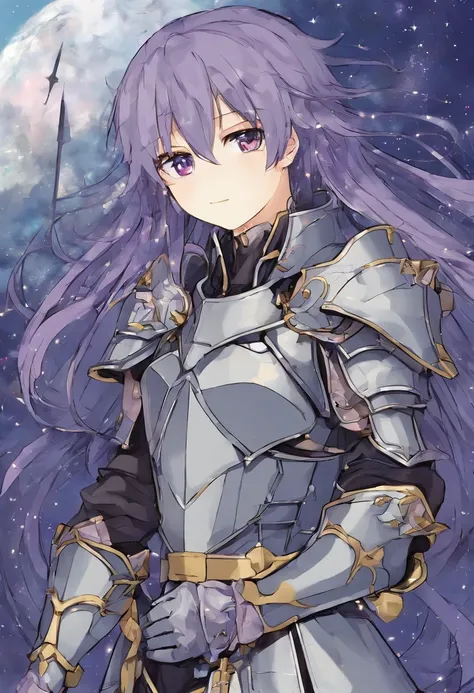 cabellos largos dorados，Slightly curly hair，Single ponytail，Purple eye，Medieval knight armor in a star-gray sky