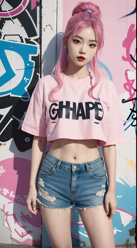 best quality, Clarity, 4k, 8k, detail, actual, Beautiful Girl, Korean makeup, Red lips, pink and blue hair, Perfect body, thigh, stand, pose standing, medium chest, Graffiti crop top, pink and blue shorts, Solid graffiti wall background, Graffiti art,