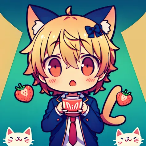 1boy,chibi,cat ears, kiss,strawberrycup,symmetrical pose, tail, head rub, in cup,speak heart,