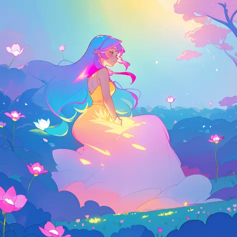 beautiful girl in gradient colorful dress, yellow pink purple fairy dress, beautiful girl sitting in a field with pink red flowers, puffy pink flowers, glowing lights, whimsical landscape, long dark blue flowing hair, watercolor illustration, inspired by G...