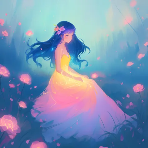 beautiful girl in gradient colorful dress, yellow pink purple fairy dress, beautiful girl sitting in a field with pink red flowers, puffy pink flowers, glowing lights, whimsical landscape, long dark blue flowing hair, watercolor illustration, inspired by G...