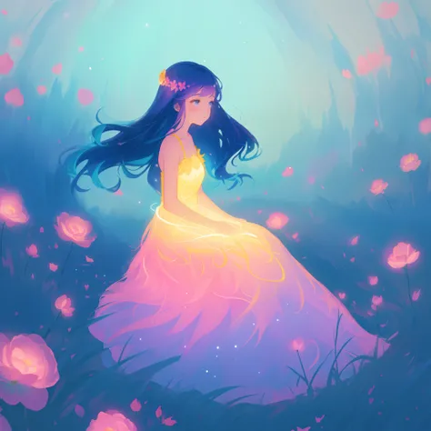 beautiful girl in gradient colorful dress, yellow pink purple fairy dress, beautiful girl sitting in a field with pink red flowers, puffy pink flowers, glowing lights, whimsical landscape, long dark blue flowing hair, watercolor illustration, inspired by G...