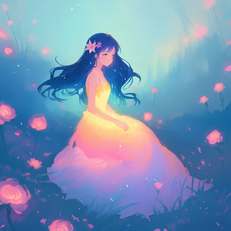 beautiful girl in gradient colorful dress, yellow pink purple fairy dress, beautiful girl sitting in a field with pink red flowers, puffy pink flowers, glowing lights, whimsical landscape, long dark blue flowing hair, watercolor illustration, inspired by G...