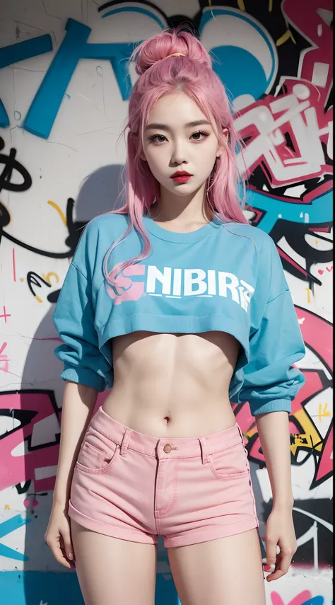 best quality, Clarity, 4k, 8k, detail, actual, Beautiful Girl, Korean makeup, Red lips, pink and blue hair, Perfect body, thigh, stand, pose standing, medium chest, Graffiti crop top, pink and blue shorts, Solid graffiti wall background, Graffiti art,