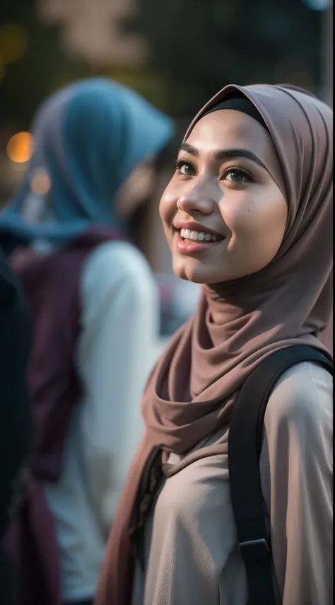 Malay girl in hijab wear plain baju kurung malaysia in college, wear back pack, front view, detail skin, detail skin texture, mole below eyes, small breast, big hip, big waist, big thigh, slim abs, beautiful body, nighttime, laughing, happy, bright lightin...