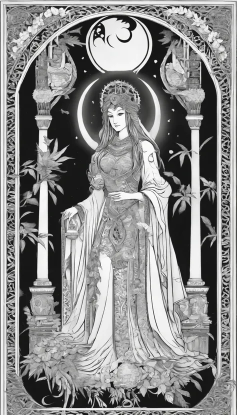 The High Priestess sits in front of a thin veil decorated with pomegranates. On either side of The High Priestess stand two pillars, marking the entrance to this sacred, mystical temple. One pillar is black with the letter B and the other is white with the...