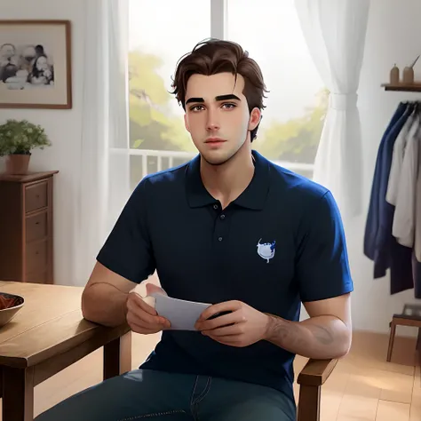 homem jovem de 28 anos, com uma camisa preta polo, linhas nas mangas azul Royal. de cabelo crespo preto, barba crescendo pouco. Disney pixar