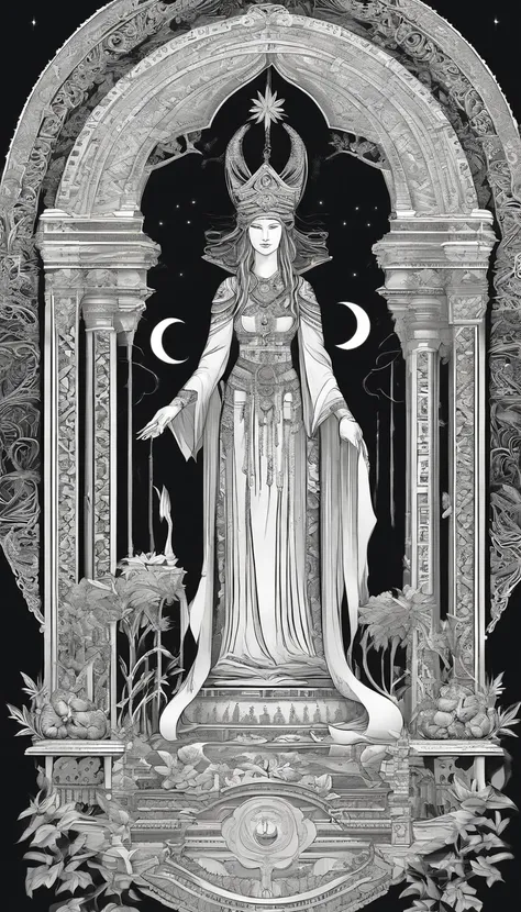 The High Priestess sits in front of a thin veil decorated with pomegranates. On either side of The High Priestess stand two pillars, marking the entrance to this sacred, mystical temple. One pillar is black with the letter B and the other is white with the...