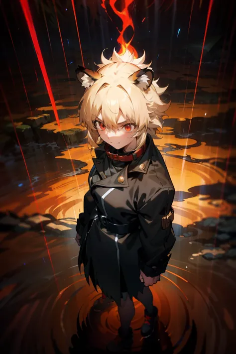 Girl in the jungle, Epic, Intricate, fake smile, From above, Muscular, standing, (Thunderstorms, torrential rains, Aura:1.1), Blonde hair, Tiger ears, Messy hair，diadems, Pupil of the slit, Red eyes, Black jacket, High collar，Handheld，Sword