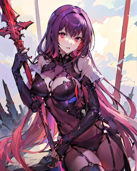 Scathach Fate/GO, Scathach face, purple hair, red eyes, sexy pose, masterpeace