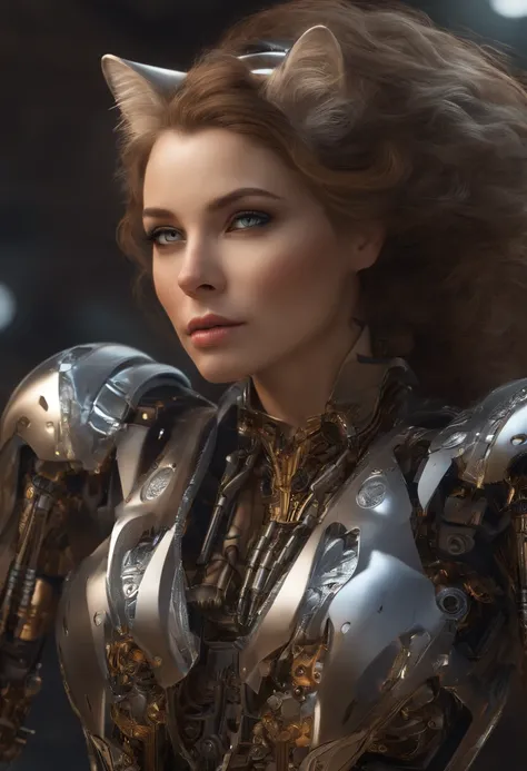 (musk:1.2,woman-Robot:1.1,wild cat,futuristic) oil painting,ultra-detailed,beautiful detailed eyes,beautiful detailed lips,extremely detailed eyes and face,long eyelashes,detailed body and intricate mechanical parts,reflective metal skin,innovative costume...