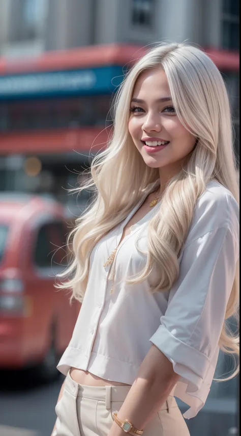 Malay girl very long white shiny hair with sleek tide neatly , wear pastel blue office outfit, suits, smiling, very long white hair, wear gold necklace, front view, very long wavy white hair, windy, detail skin, age spot, detail skin texture, mole below ey...