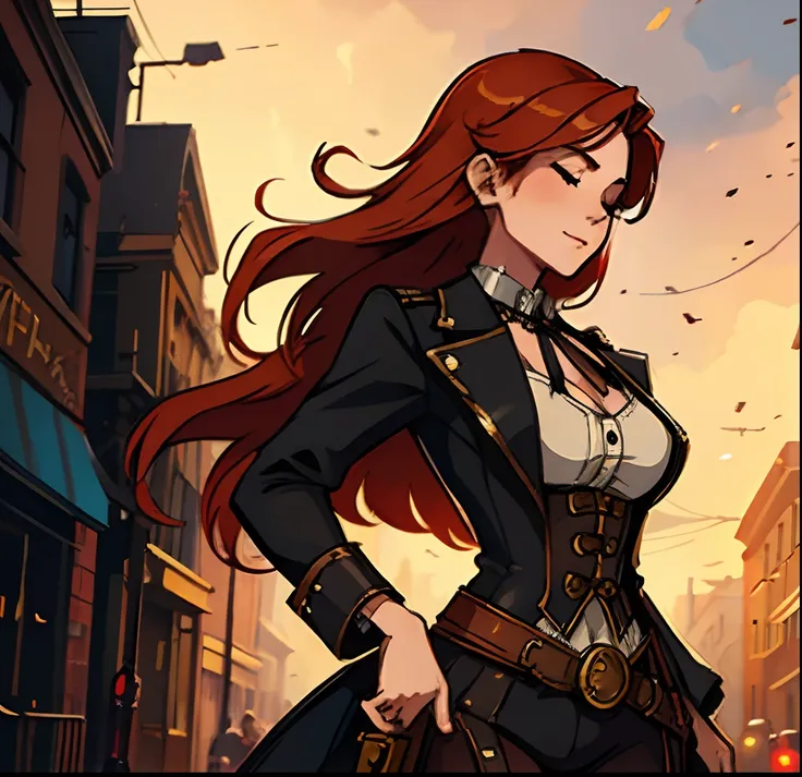 1 Sensual Redhead Woman Walking Down The Street Happy Expression Eyes Closed Steampunk Night Background An art for a role-playing game ((Very detailed strokes))