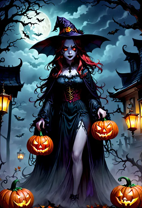 ((Need)), ((tmasterpiece)), (A detailed), (fantasy illustrations:1.3),(halloween night:1.6)，The mysterious aura of ghosts，red - eyed，Meniscus，Red Moon，borgar，(pumpkins:1.5)，Bat close-up，hag， 独奏， Dark black cloak，Great dynamic style injects mystery into the...