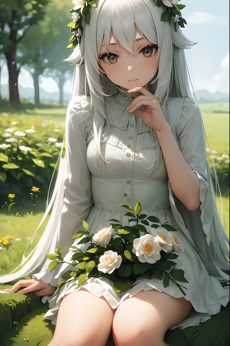 ((ultra detailed,ultra high res,detailed background)),1girl with long white hair sitting in a field of green plants and flowers, her hand under her chin, warm lighting, white dress, blurry foreground