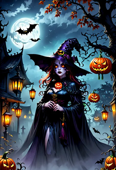 ((Need)), ((tmasterpiece)), (A detailed), (fantasy illustrations:1.3),(halloween night:1.6)，The mysterious aura of ghosts，red - eyed，Meniscus，Red Moon，borgar，(pumpkins:1.5)，Bat close-up，hag， 独奏， Dark black cloak，Great dynamic style injects mystery into the...