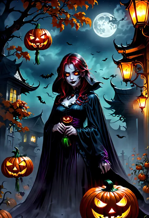 ((Need)), ((tmasterpiece)), (A detailed), (fantasy illustrations:1.3),(halloween night:1.6)，The mysterious aura of ghosts，red - eyed，Meniscus，Red Moon，borgar，(pumpkins:1.5)，Bat close-up，hag， 独奏， Dark black cloak，Great dynamic style injects mystery into the...