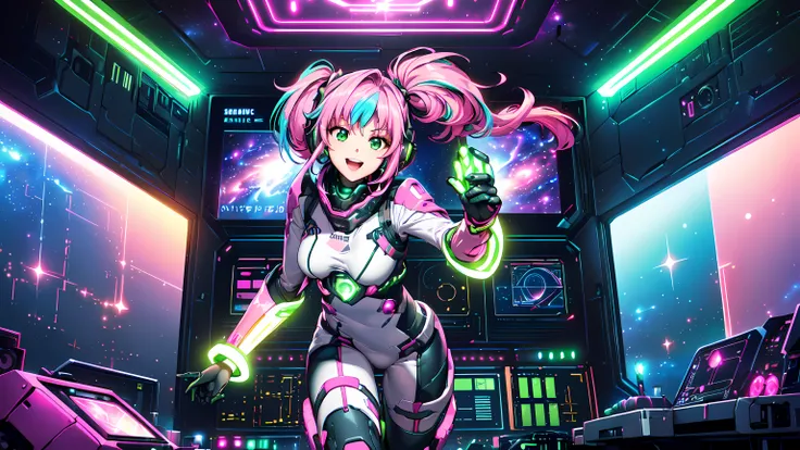 ​masterpiece:1.3, 1girl ((20year old, dressed in tight purple and pink futuristic space body suit, boots, medium breasts, multicolor pink hair, twin ponytails, perfect model body, green eyes:1.4, Wearing headphones, flirting, happy, big smile, Looking out ...