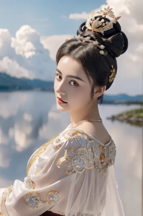 1girll, Solo, Masterpiece, Gorgeous metal style，Ultimate detail, Hair 1 cloud ice,Short hair,hair-bun,Big hair,Hair up,updo, A detailed eye, metal crown，Decorated with ornate stripes, floated hair, detail in face, Clothes made of silver, Clothes with gold ...