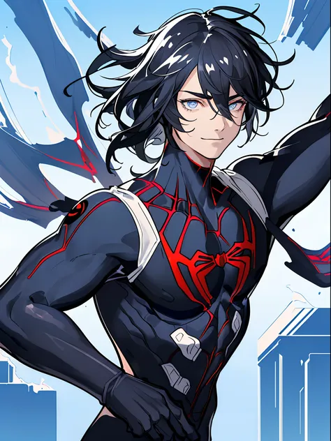 ((highest quality, masterpiece, 4k, finely detailed, detailed eyes, detailed face, dynamic lighting)), dynamic super hero pose, on rooftop ((solo)), 1 male, handsome, broad shoulders, smiling, looking at viewer ((lazy eyes, half-lidded, tired eyes, eyebags...