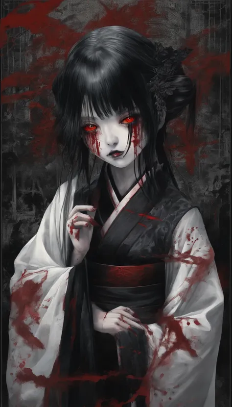 15-year-old Japan girl with black black hair and black eyes in kimono、Blood everywhere, Cute face girl, Smile, bleeding eyes, Bleeding in the nose and mouth, Evil smile、short-cut、from the chest up