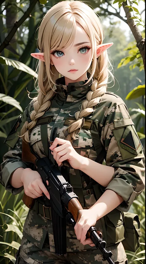 female elf soldier, wearing spotted forest camo camouflage military uniform, russian military uniform, detailed eyes, detailed h...