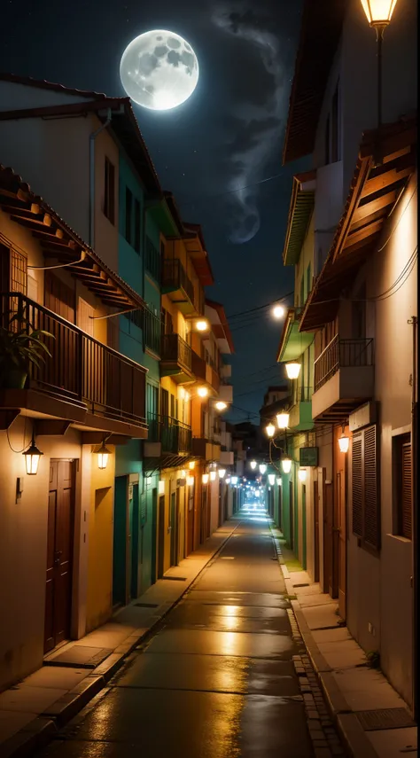 rua brasileira com referencia Manaus. noite, Starry sky with full moon, LED Street Lighting, Light from the balconies of the buildings.