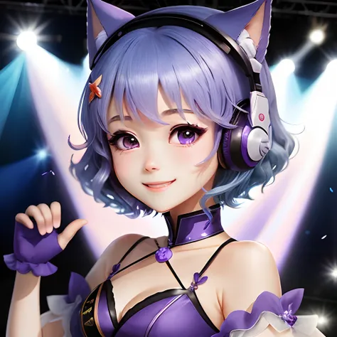 high-level image quality、Japan anime drawings、Purple eyes、blue hairs、short-hair、Cute costumes、headset on head、idol、stage、kirakira、Vigorous、a smile