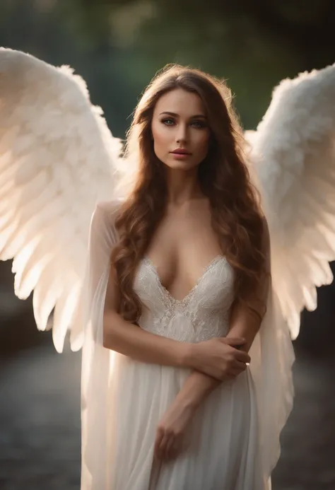 NSFW (best quality:1.2, realistic, portraits),(girl),(angel),(seductive),(detailed eyes),(luscious lips),(long flowing hair),(radiant skin),(beautiful wings),(attractive posture),(heavenly atmosphere),(soft lighting),(subtle color palette),(nude),(full bod...